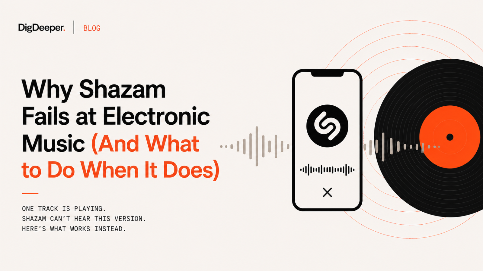 Minimalist editorial illustration showing a smartphone with a music recognition app, a vinyl record, and an audio waveform for a blog post about why Shazam struggles to identify electronic music.